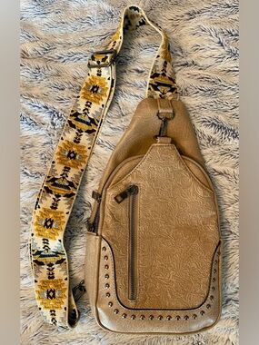 Sam & Hadley Tan Embossed Crossbody Sling Bag with Patterned Guitar Strap
